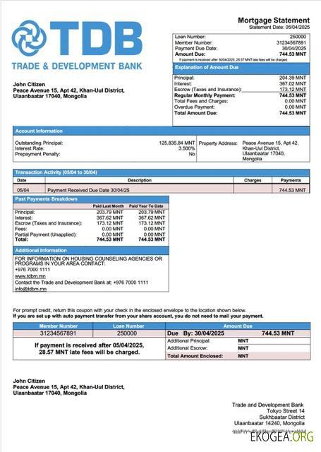 Modèle Word et PDF de relevé hypothécaire de la Banque de commerce et de développement de la Mongolie